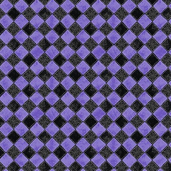 Meow-Gical Night Purple Checkered Spiderwebs Fabric