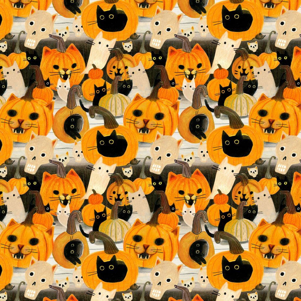 Meowloween Multi Cats and Pumpkins Fabric