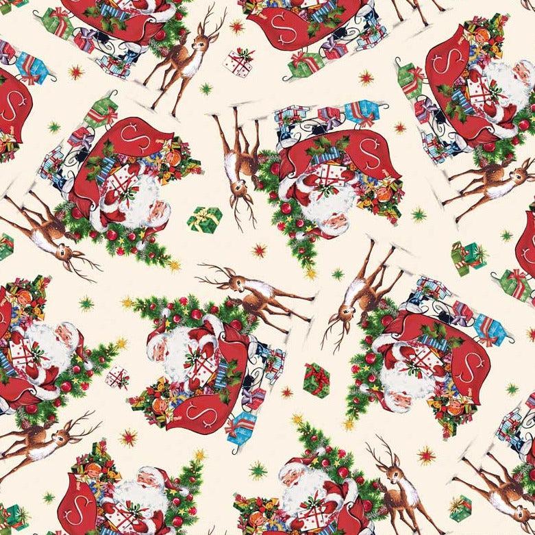 Merry Melody Cream Santa's Filled Sleigh Fabric-P & B Textiles-My Favorite Quilt Store