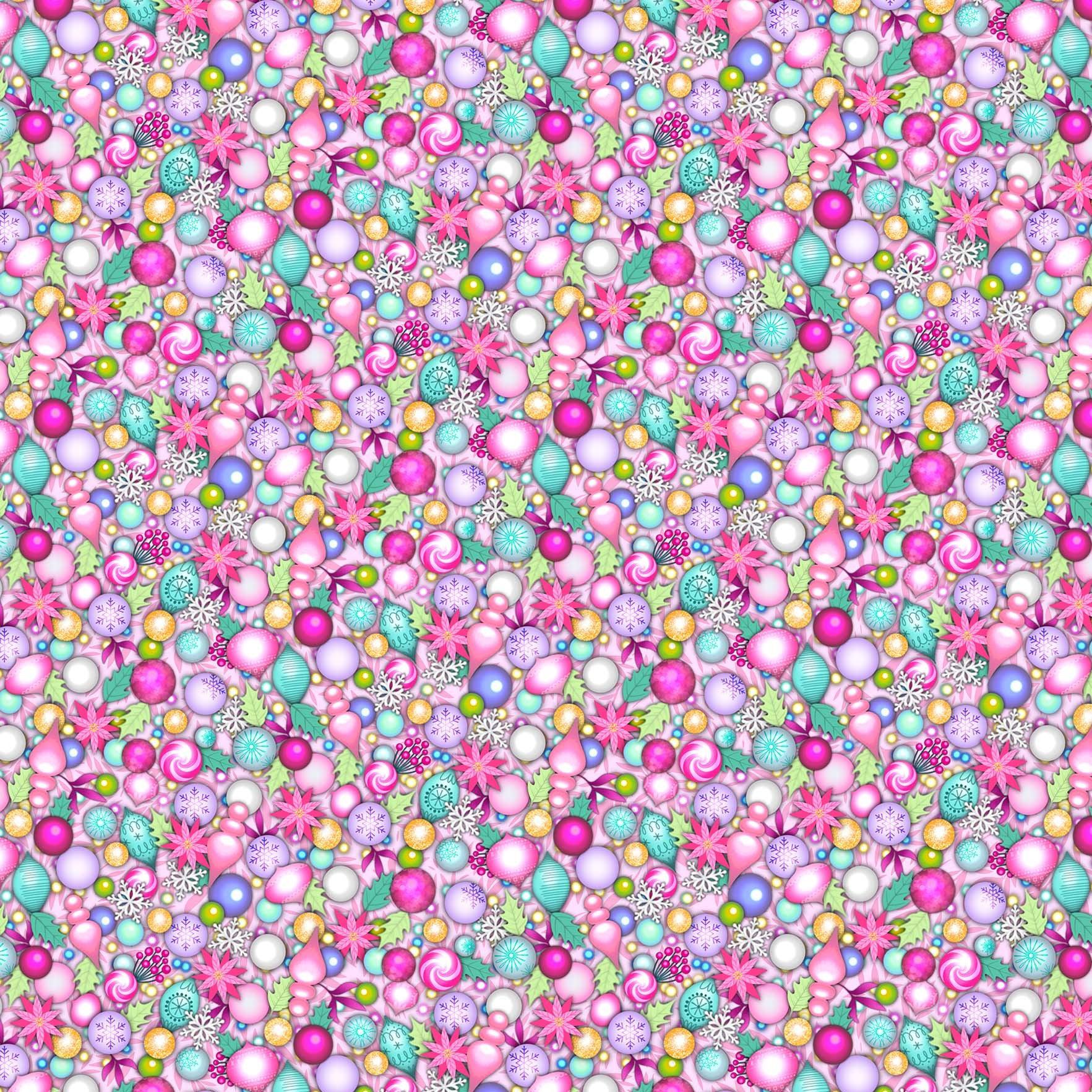 Merry and Bright Pink Multi Baubles Digital Print Fabric