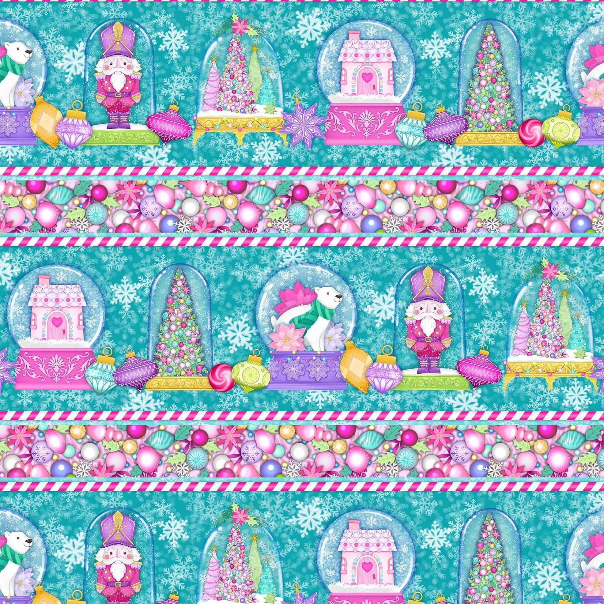 Merry and Bright Teal Multi Border Stripe Digital Print Fabric