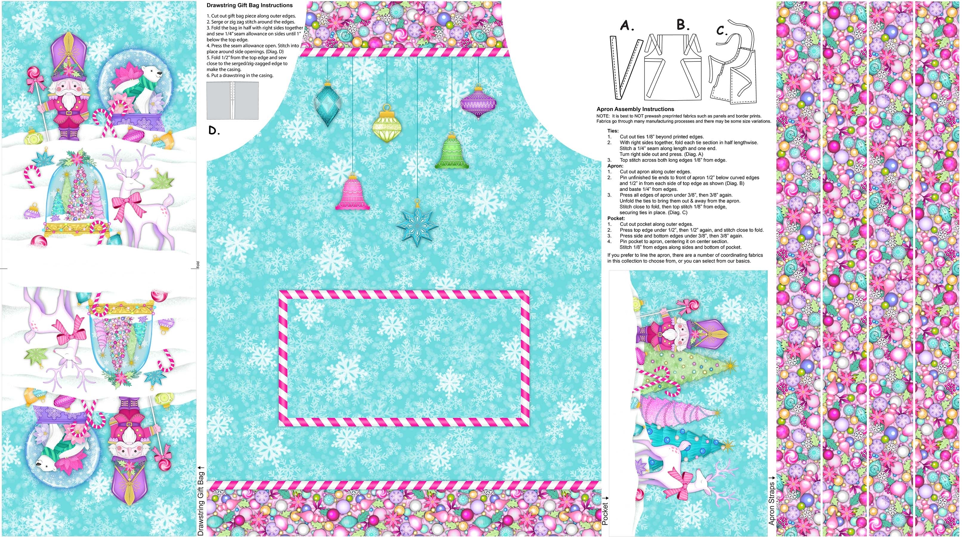 Merry and Bright Turquoise Multi Apron Digital Print 24" Panel