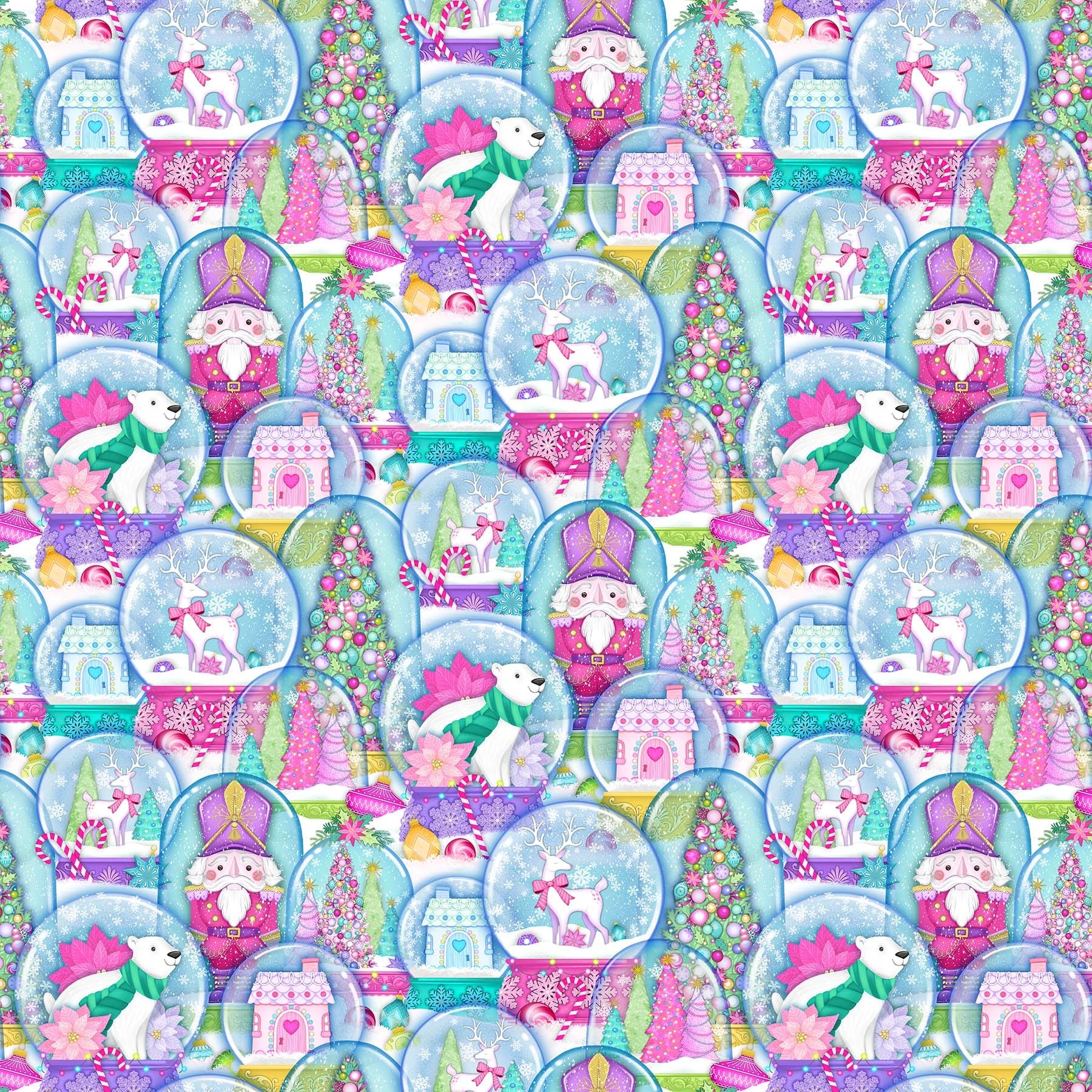 Merry and Bright Turquoise Multi Packed Globes Digital Print Fabric