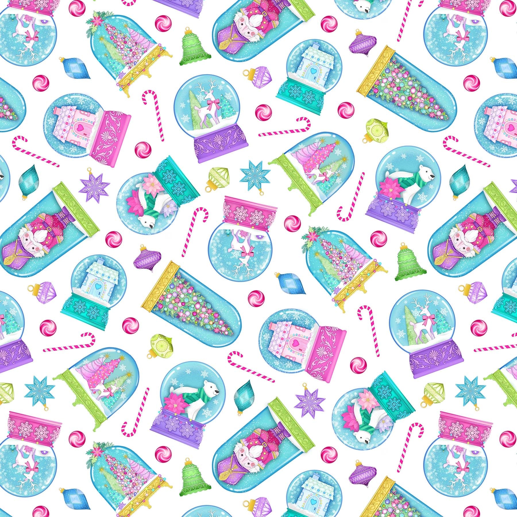 Merry and Bright White Multi Tossed Globes Digital Print Fabric
