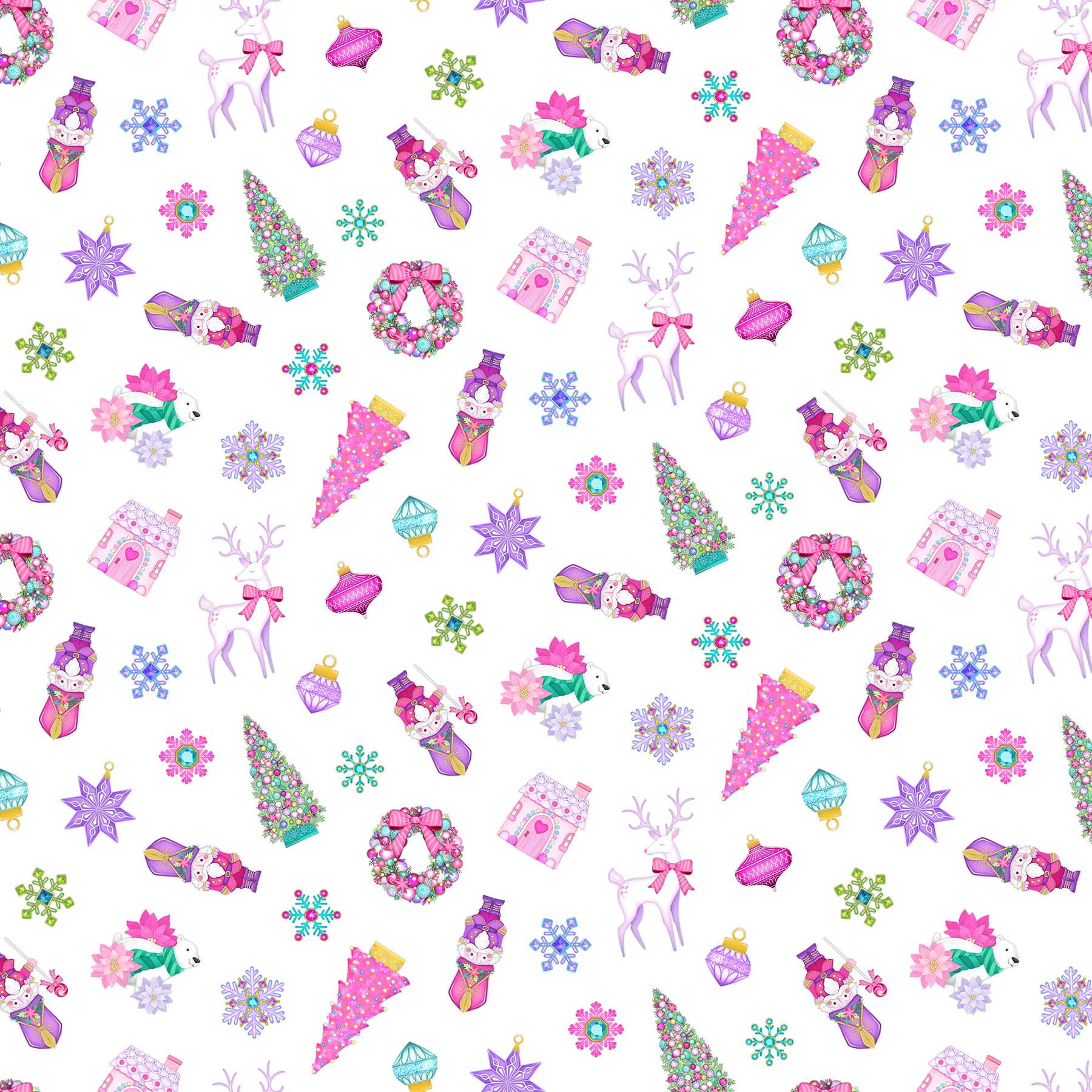 Merry and Bright White Multi Tossed Motifs Digital Print Fabric