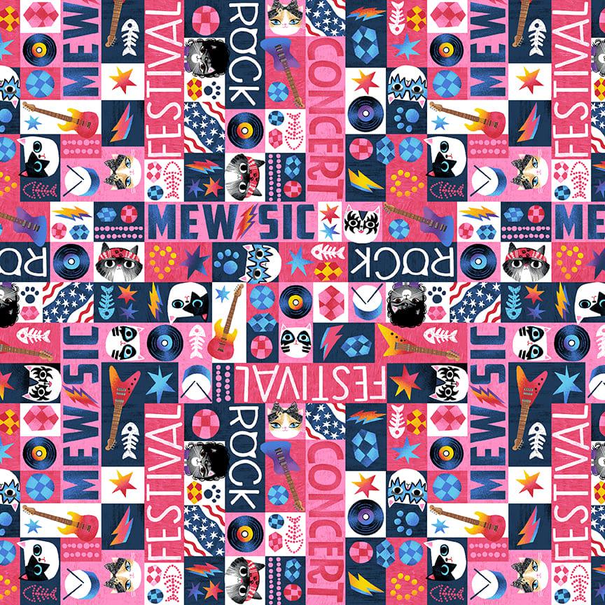 Mew-sic Legends Pink Music Words Fabric