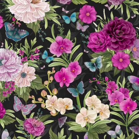Midnight Garden Black Large Floral All Over Fabric