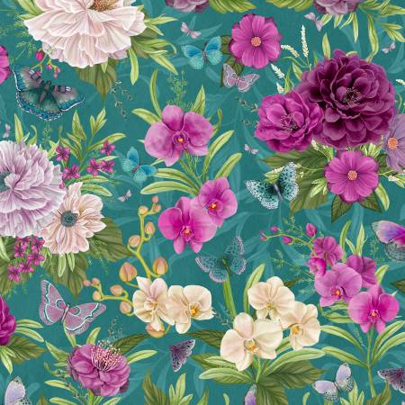 Midnight Garden Teal Large Floral All Over Fabric