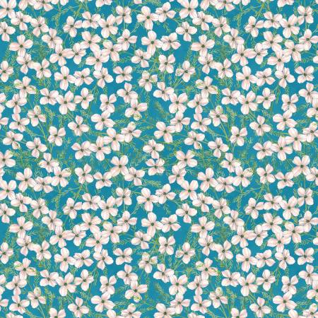 Midnight Garden Teal/Cream Small Floral Fabric-Wilmington Prints-My Favorite Quilt Store