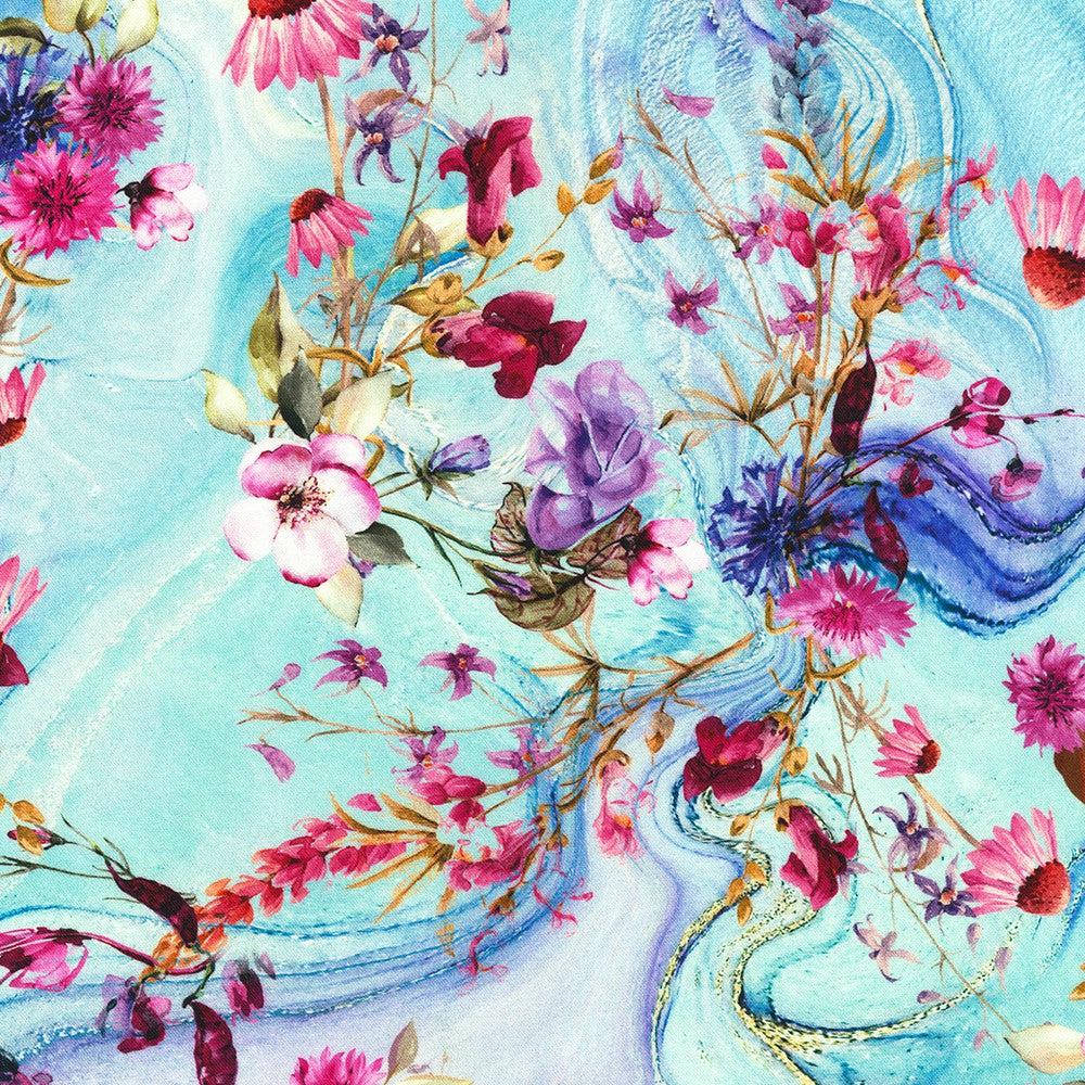 Misty Garden Flowing Floral Aqua Fabric