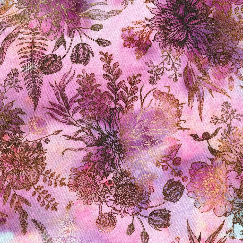 Misty Garden Metallic Bouquet Lavender Fabric
