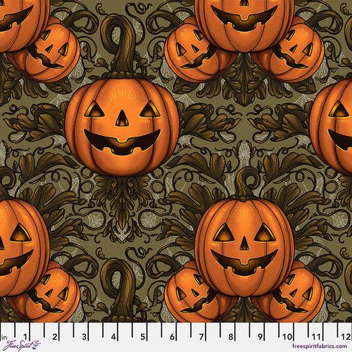 Mystic Moonlight Olive Pumpkin Damask Fabric-Free Spirit Fabrics-My Favorite Quilt Store