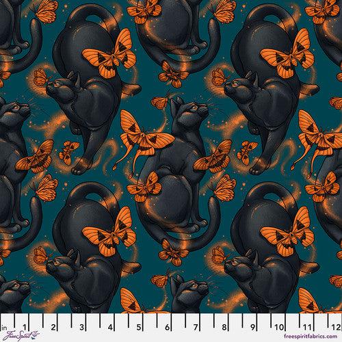 Mystic Moonlight Turquoise Moth Cat Fabric-Free Spirit Fabrics-My Favorite Quilt Store