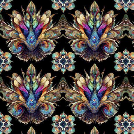 Mystic Owls Black Feather Medallion Fabric