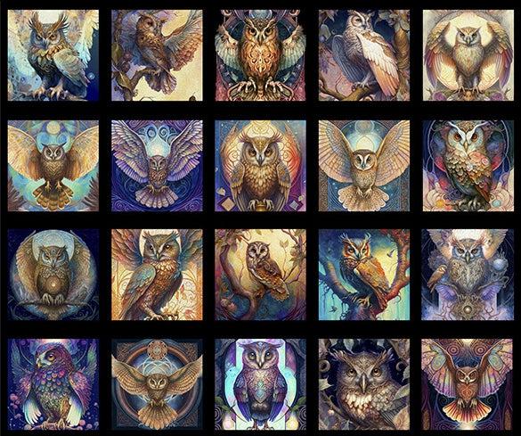 Mystic Owls Black Owl Picture Patches 36" Panel-QT Fabrics-My Favorite Quilt Store