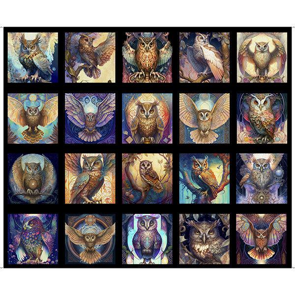 Mystic Owls Black Owl Picture Patches 36" Panel-QT Fabrics-My Favorite Quilt Store