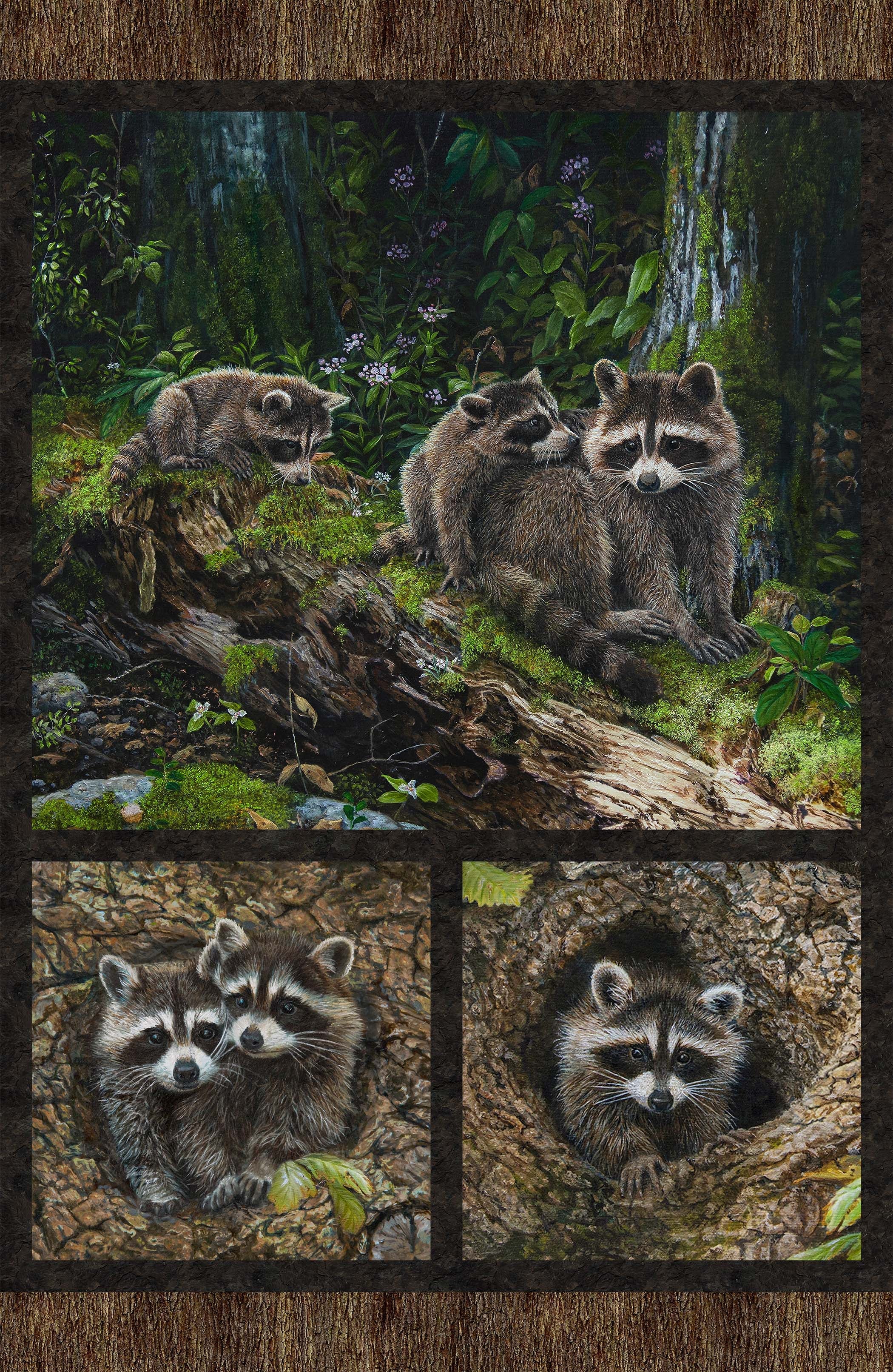 Naturescapes Little Rascals Multi Raccoon Scenic 28" Panel-Northcott Fabrics-My Favorite Quilt Store