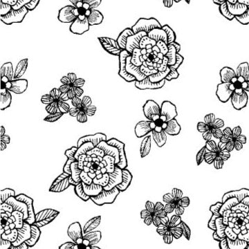 Night and Day Medium Floral Black on White Fabric