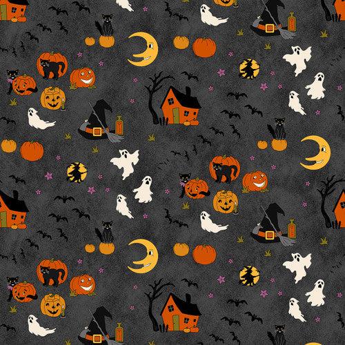 No Tricks, Just Treats Gray Motif Allover Fabric