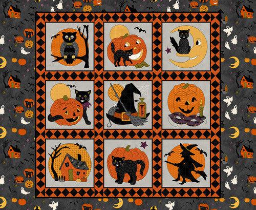 No Tricks, Just Treats Gray Orange Block 36" Panel-Henry Glass Fabrics-My Favorite Quilt Store