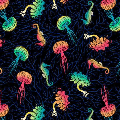 Ocean Menagerie Black Jelly Fish & Sea Horses Fabric