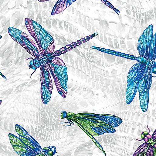 On Dragonfly Wings Grey Large Dragonfly Fabric