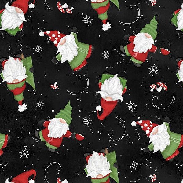 Our Gnome To Yours Black Tossed Gnomes Fabric