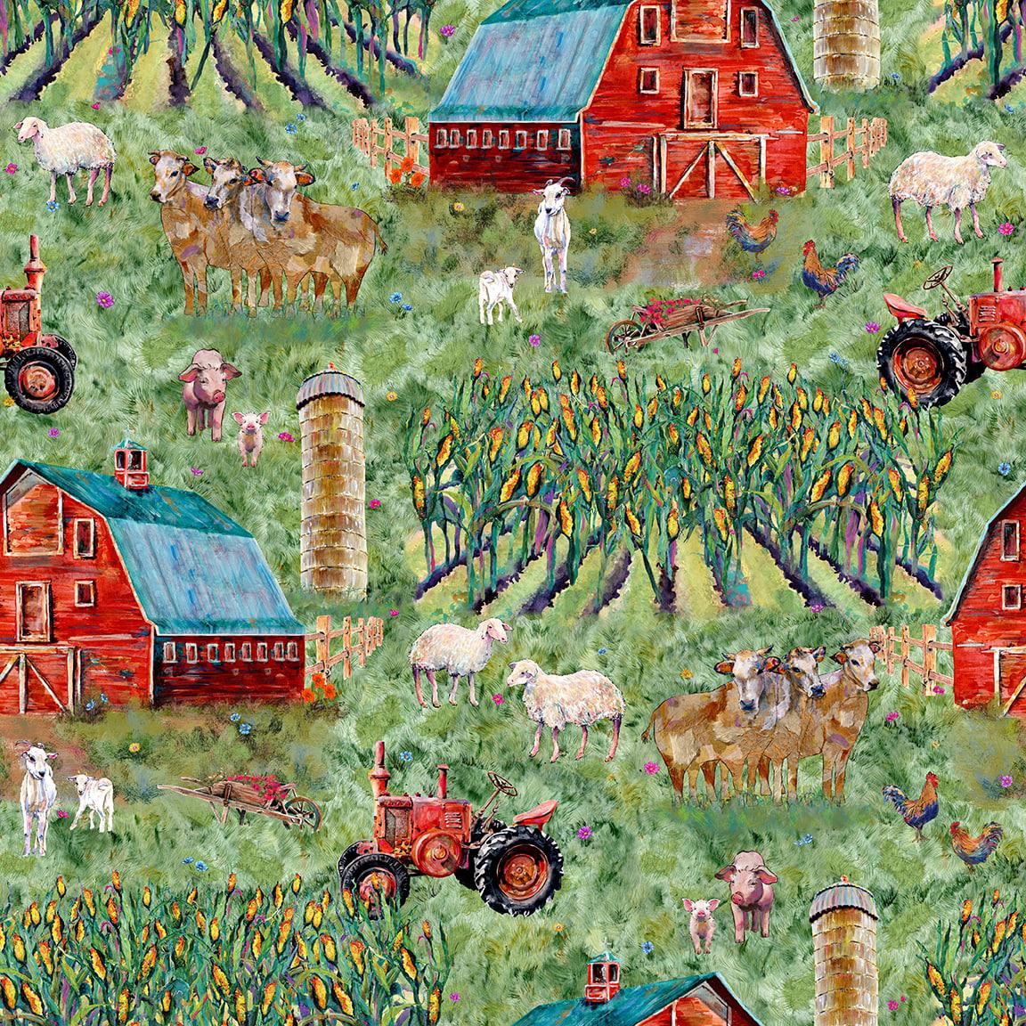 Out of Farm's Way Green Farm Scenic Digital Print Fabric