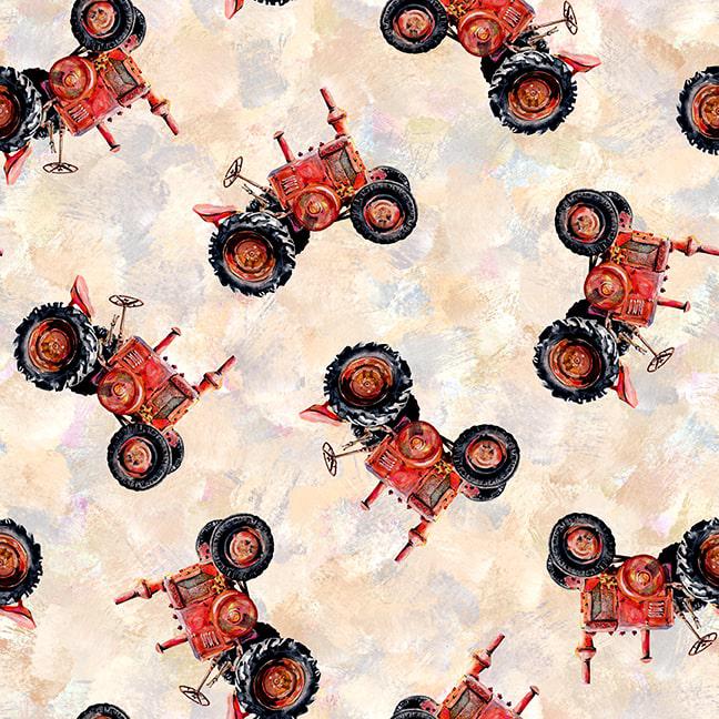 Out of Farm's Way Ivory Farm Tractors Digital Print Fabric