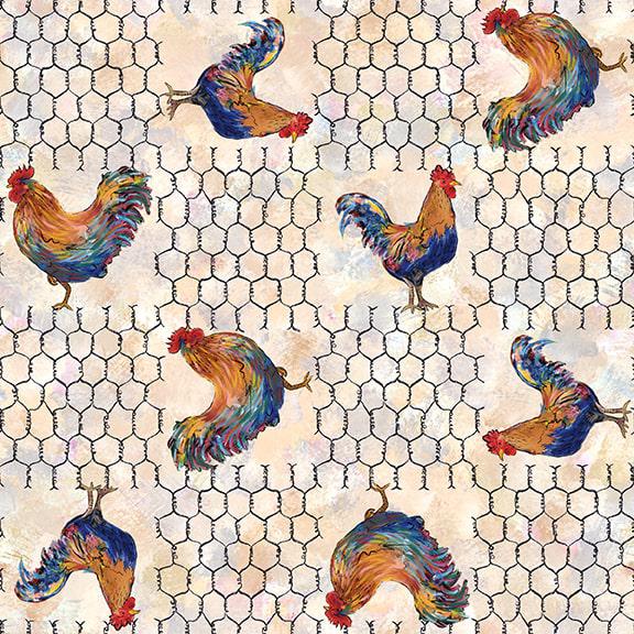 Out of Farm's Way Ivory Hens and Chicken Wire Digital Print Fabric
