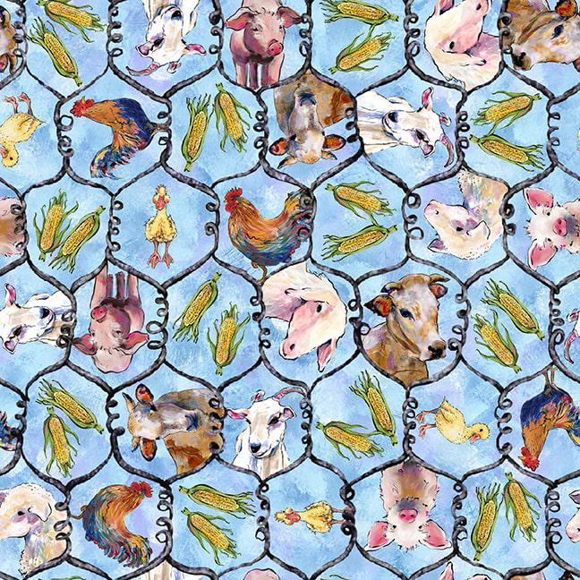 Out of Farm's Way Light Blue Farm Animal Hexagon Digital Print Fabric