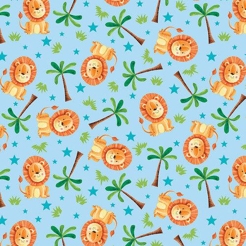 Party Animals Light Blue Tossed Lions Fabric
