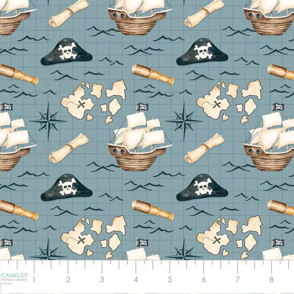 Pirates Ahoy Blue Treasure Map Fabric-Camelot Fabrics-My Favorite Quilt Store