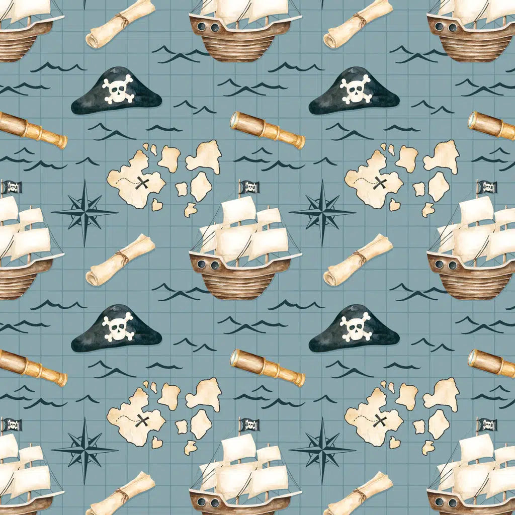 Pirates Ahoy Blue Treasure Map Fabric