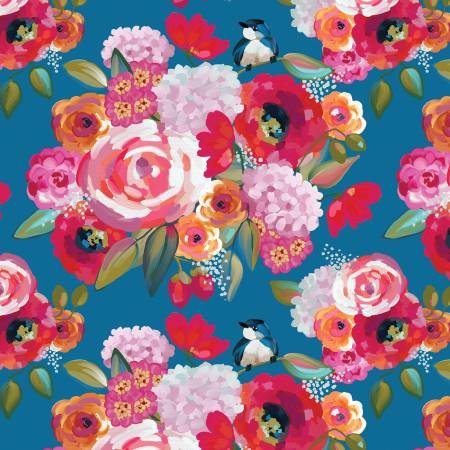 Poppies & Plumes Ocean Main  Fabric