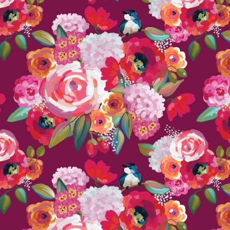 Poppies & Plumes Wine Main  Fabric