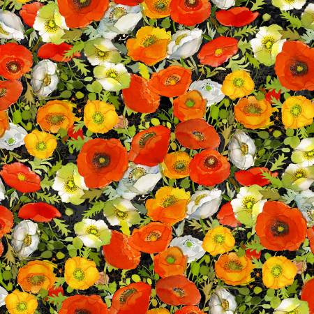 Poppy Dreams Black Digital Large Poppies Fabric-Clothworks-My Favorite Quilt Store