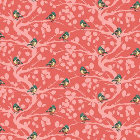 Porch Swing Coral Birds and Branches Fabric-Riley Blake Fabrics-My Favorite Quilt Store