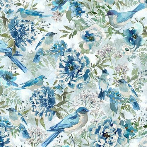 Porch View Frost Blue Birds Fabric