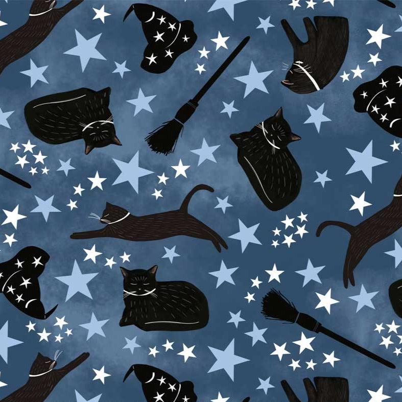 Practical Magic Blue Black Cats & Brooms Fabric