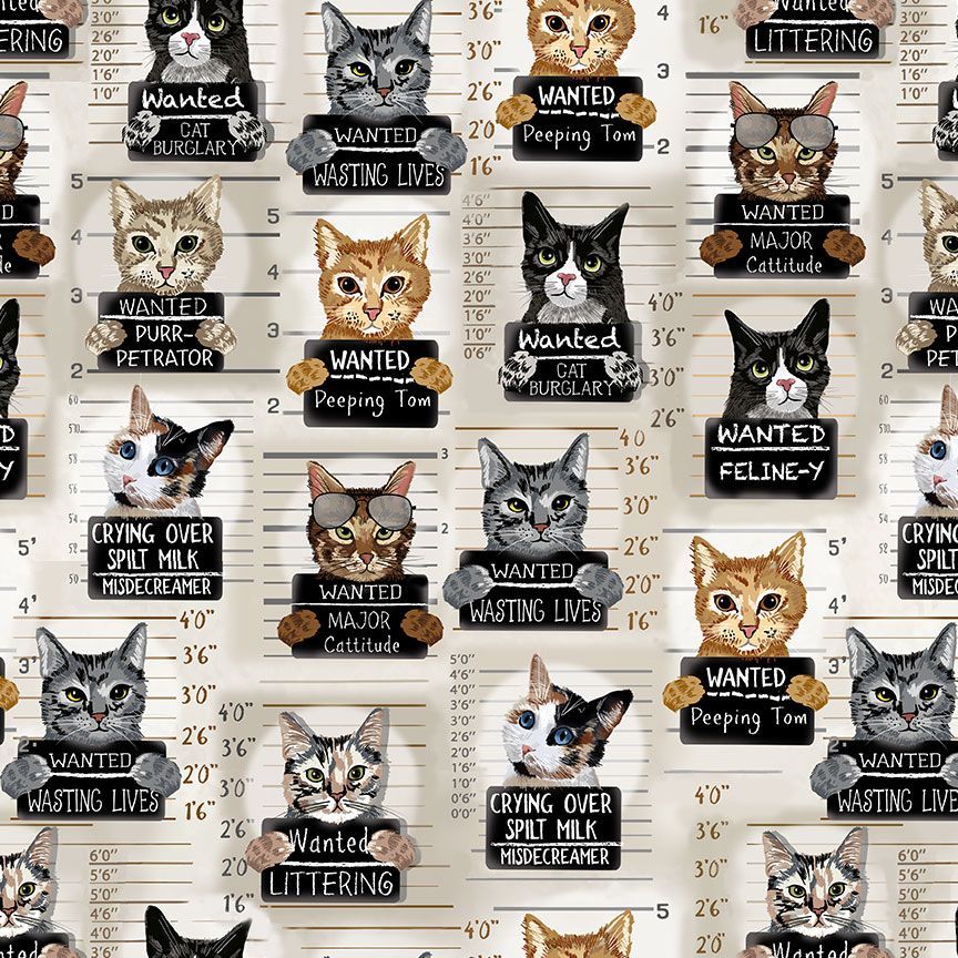 Quirky Cats Beige Cat Mugshots Fabric