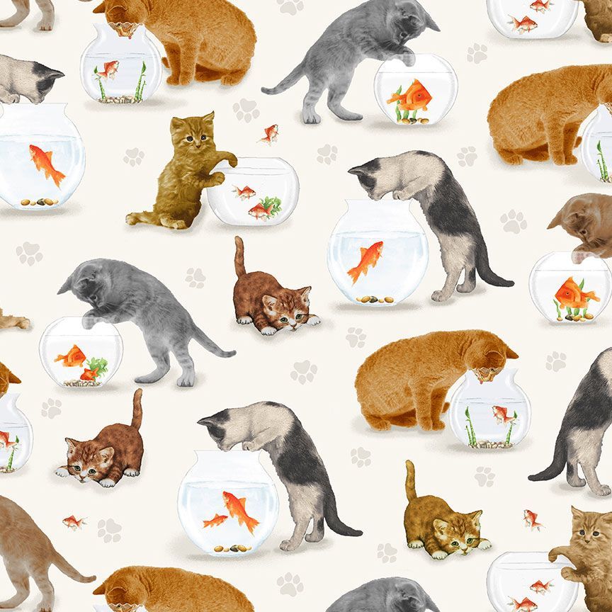 Quirky Cats Cream Cats and Fish Bowl Fabric-Timeless Treasures-My Favorite Quilt Store