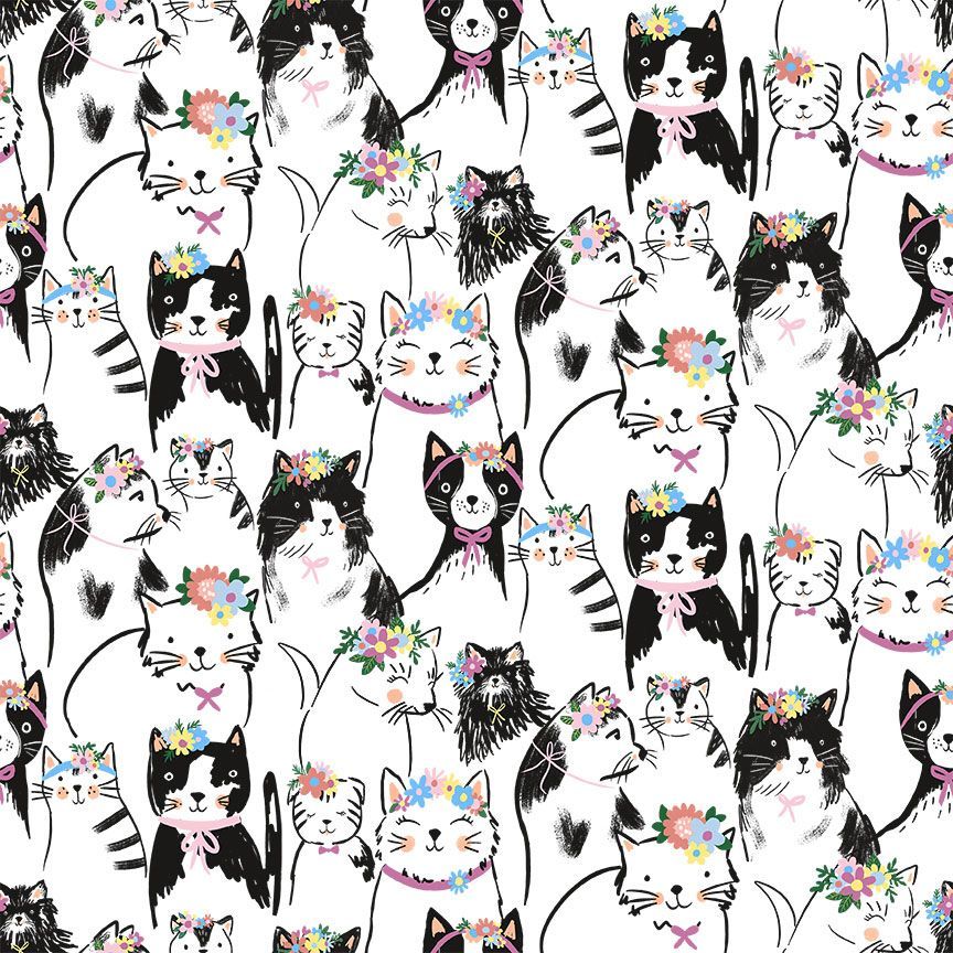 Quirky Cats White Pretty Cats & Floral Fabric