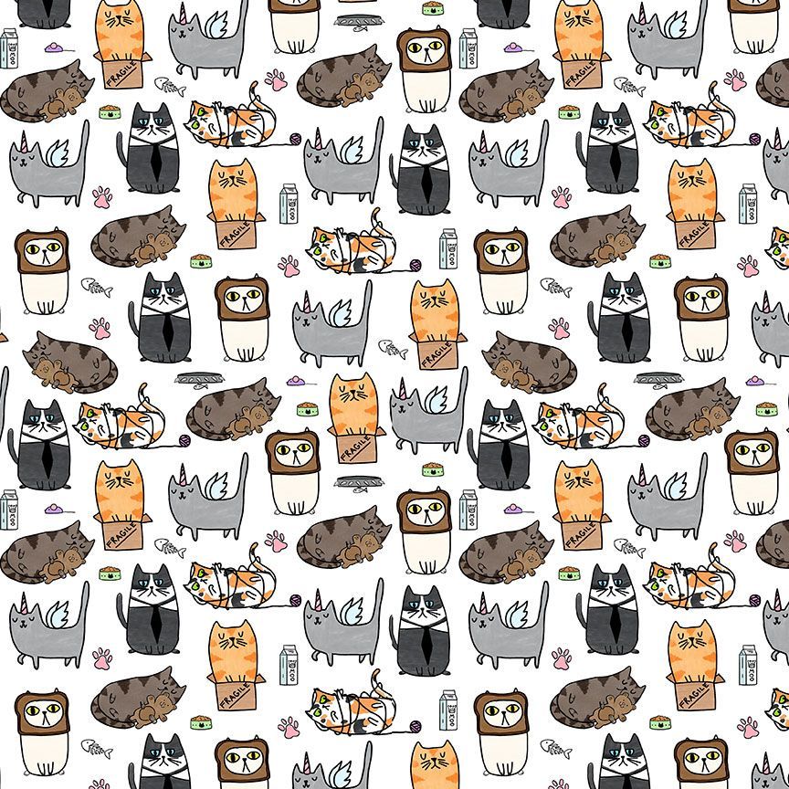 Quirky Cats White Silly Kitties Fabric