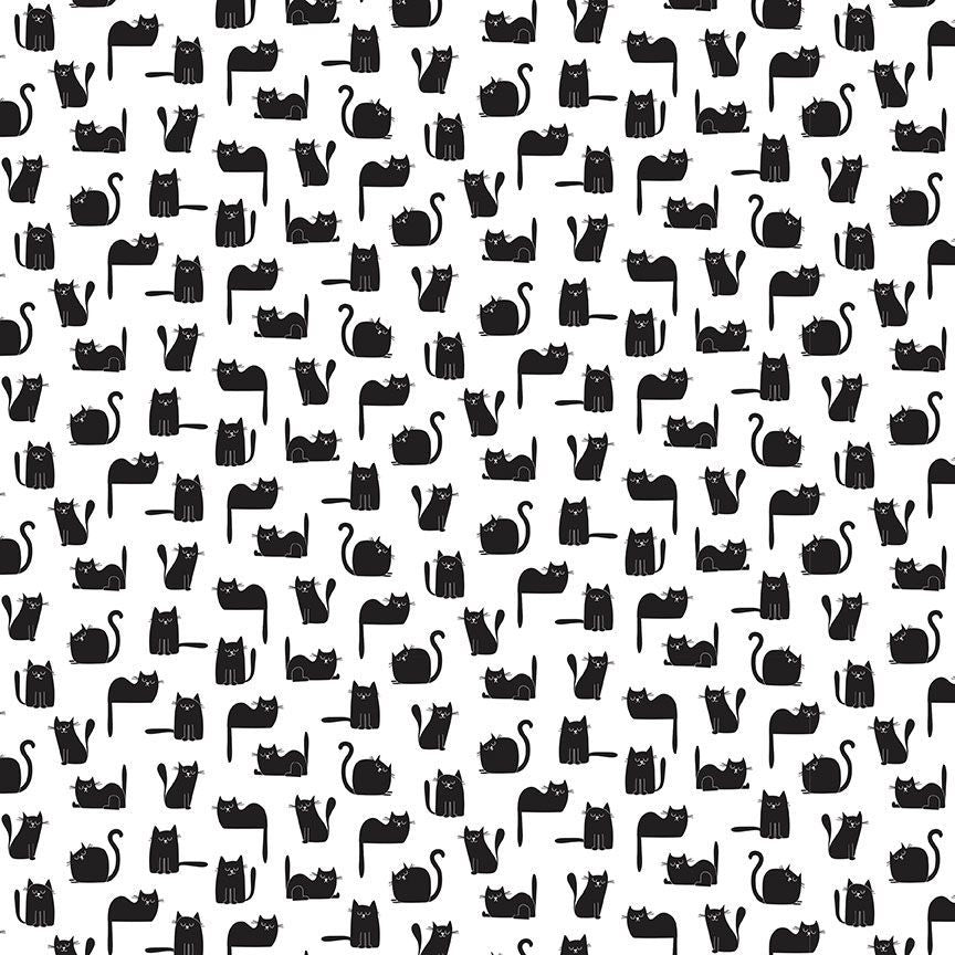 Quirky Cats White Tossed Black Cats Fabric