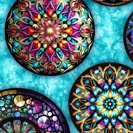 Radiant Reflections Stained Glass Medallions Turquoise Fabric-QT Fabrics-My Favorite Quilt Store