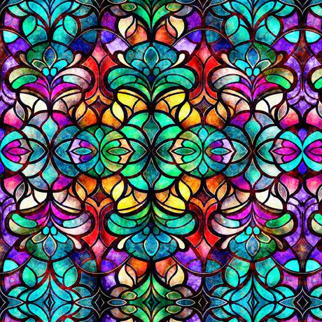 Radiant Reflections Stained Glass Window Teal Fabric-QT Fabrics-My Favorite Quilt Store