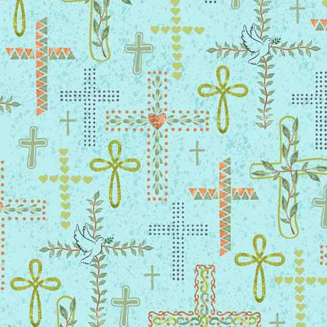 Rejoice Aqua Crosses Fabric