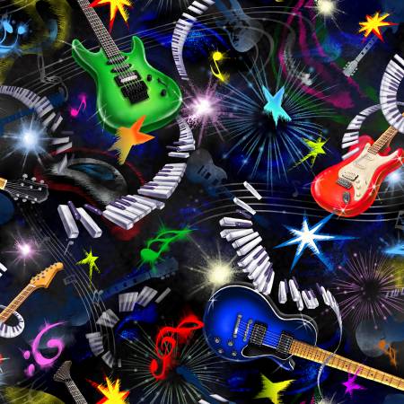 Rockin' Out Black Master Guitar Fabric-Oasis Fabrics-My Favorite Quilt Store