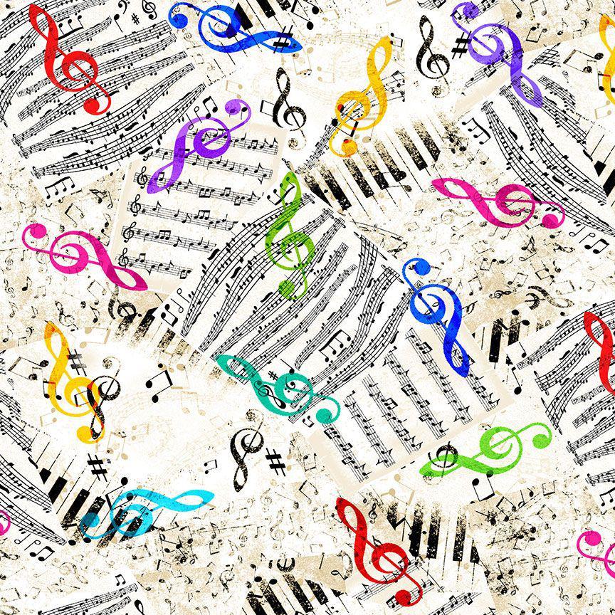 Rockstar White Music Notes Fabric